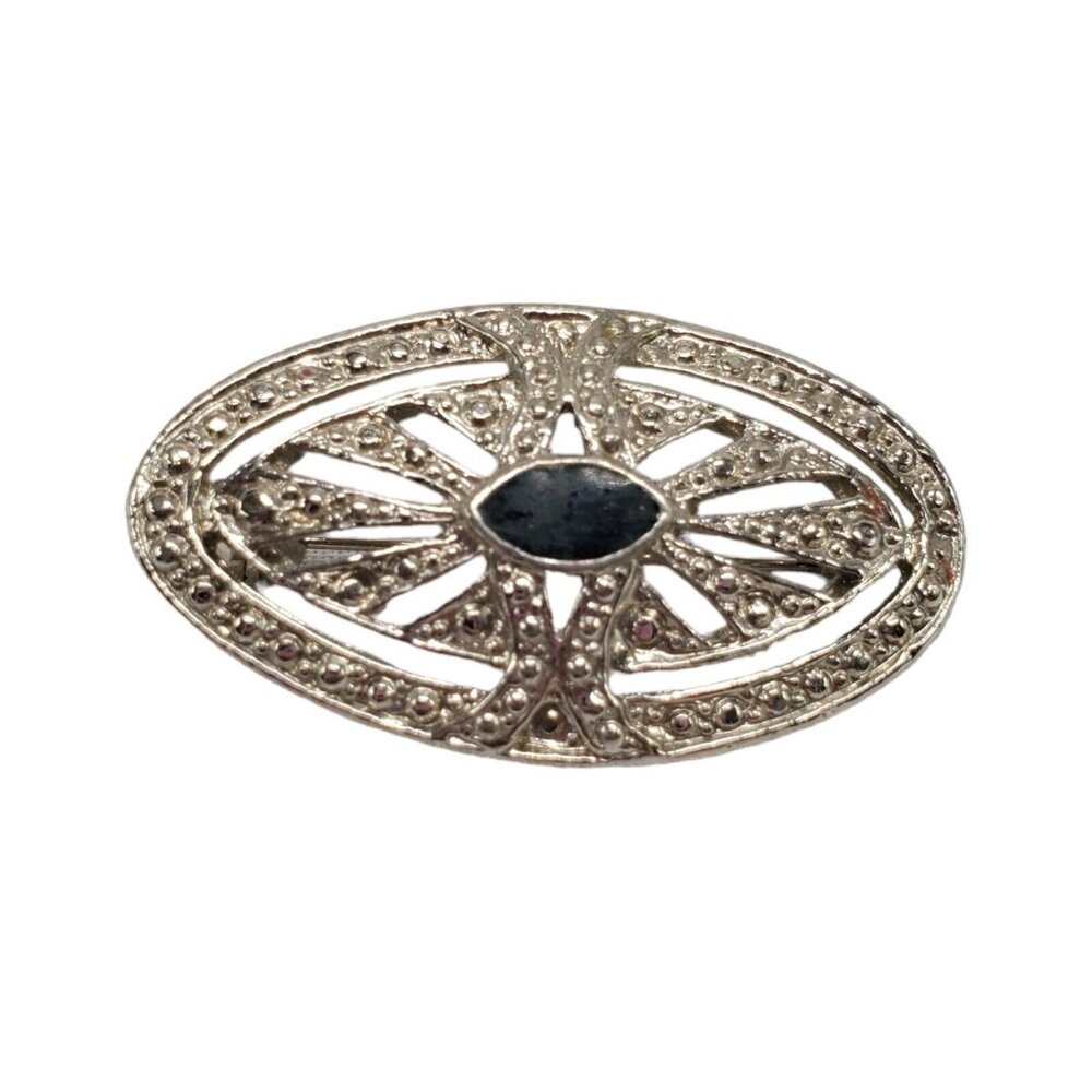 Vtg Victorian Revival Brooch Silver Tone Black Oblong 1-3/4" Faux Marquesite